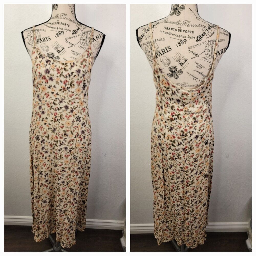 VTG Knapp Studio Tapestry Maxi Slip Dress S/M Flax Multicolor Floral Cottagecore